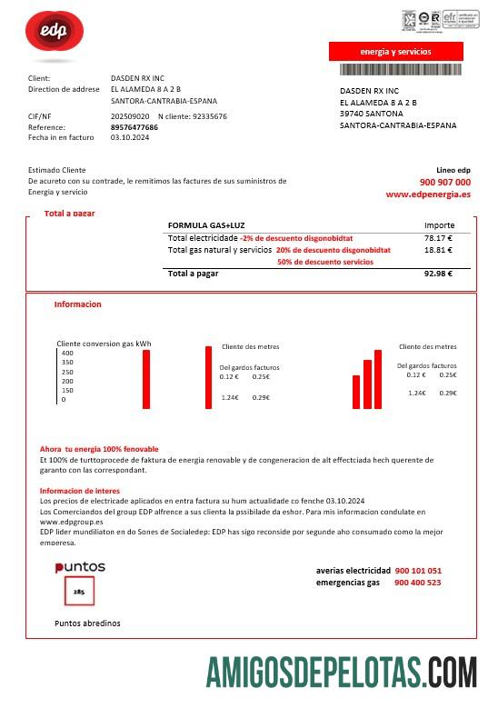 imprimível Modelo de fatura de serviços públicos da Espanha EDP Energia em formatos Word e PDF
